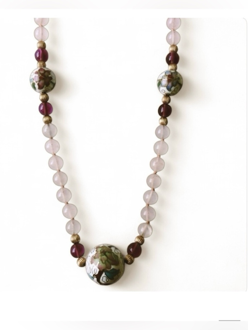 Vintage Rose Quartz, Glass & Chinese Export Cloisonné Beaded Necklace - Picture 2 of 7